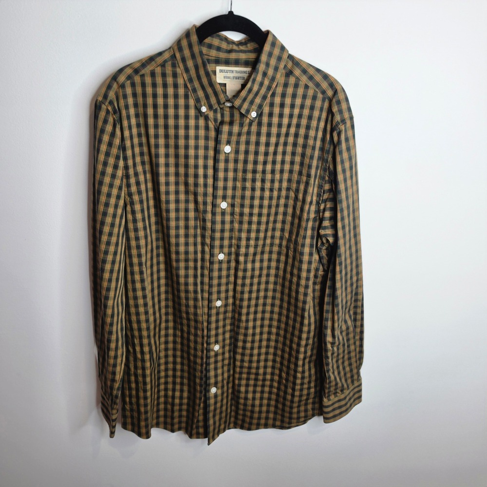 Duluth Trading Co Wrinklefighter Shirt Mens Small Plaid Button Down Green